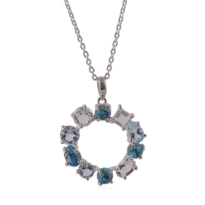 Multi-gemstone pendant necklace, 'Oceanic Wreath of Gems' - Blue Topaz Reconstituted Turquoise Quartz Pendant Necklace