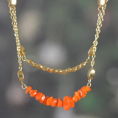 Agate strand pendant necklace, 'Lively Flair' - Brass Double Strand Pendant Necklace with Agate Chips