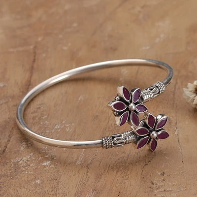 Cubic zirconia cuff bracelet, 'Floral Enigma' - Floral-Themed Cubic Zirconia Sterling Silver Cuff Bracelet