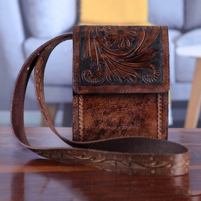 Leather sling bag, 'Timeless Elegance in Chestnut' - Floral and Paisley-Themed Embossed Brown Leather Sling Bag