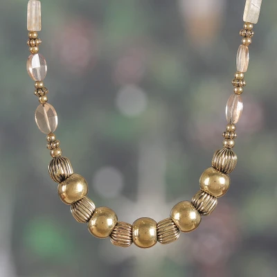 Quartz and brass beaded necklace, 'Ethereal Dame' - Bollywood-Inspired Quartz and Polished Brass Beaded Necklace