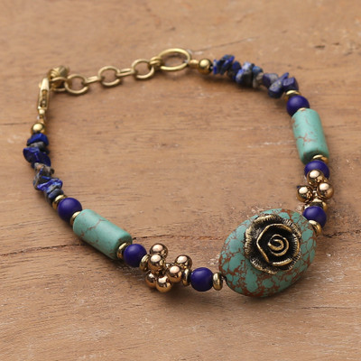 Agate and brass beaded pendant bracelet, 'Vintage Charmer' - Rose-Themed Brass and Blue Agate Beaded Pendant Bracelet