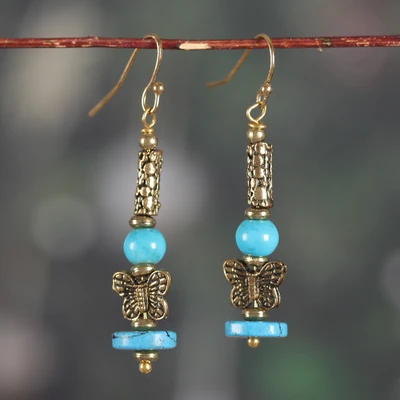 Resin and brass dangle earrings, 'Vintage Flight' - Antique-Finished Butterfly-Themed Resin and Brass Earrings