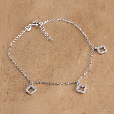 Cubic zirconia charm anklet, 'Timeless Twinkle' - Floral-Themed Cubic Zirconia Sterling Silver Charm Anklet