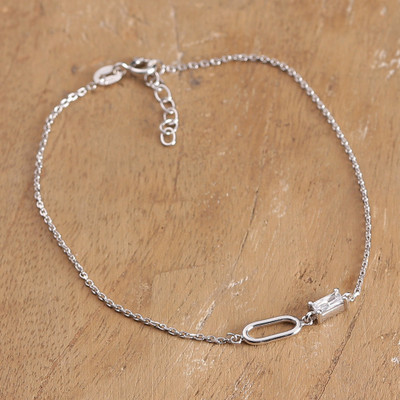 Cubic zirconia pendant anklet, 'Contemporary Poise' - Minimalist Silver Pendant Anklet with Cubic Zirconia Stone