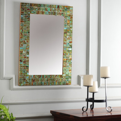Glass mirror, 'Faces of Nature' - Sylvan-Inspired Framed Mirror with Green-Tinted Glass Tiles