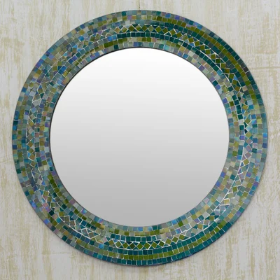Glass mosaic mirror, 'Ode to Forest' - Wood-Framed Round Mirror with Glass Mosaic in Blue & Green