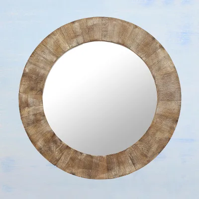 Wood mirror, 'Rustic Steps' - Sylvan Round Mango Wood & Glass Mirror in Natural Shades