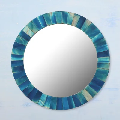 Wood mirror, 'Teal Steps' - Hand-Painted Round Mango Wood & Glass Mirror in Teal Hues