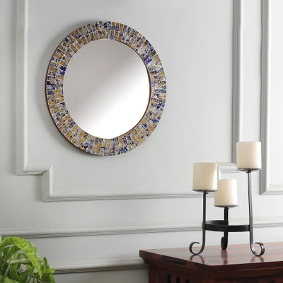 Glass mosaic wall mirror, 'Azure Beach' - Abstract-Patterned Round Glass Wall Mirror in Azure and Gold