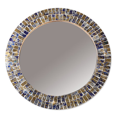 Glass mosaic wall mirror, 'Azure Beach' - Abstract-Patterned Round Glass Wall Mirror in Azure and Gold