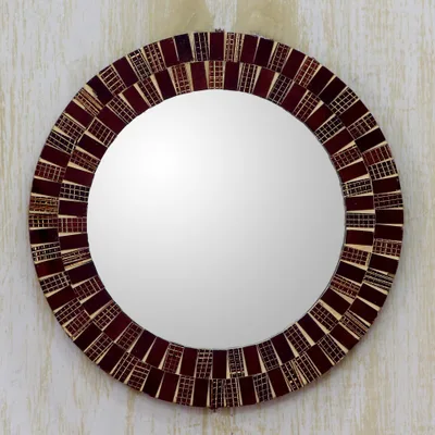 Glass mosaic wall mirror, 'Burgundy Beach' - Avant-Garde Glass Wall Mirror with Round Burgundy Frame