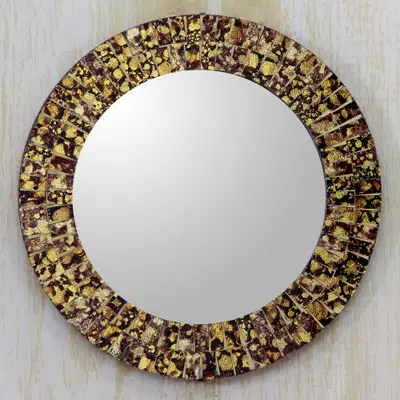 Glass mosaic wall mirror, 'Golden Beach' - Gold and Brown Glass Wall Mirror with Round Mosaic Frame