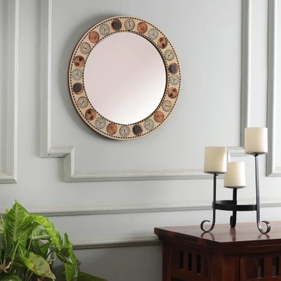 Handmade wall mirror, 'The Serenity of Time' - Whimsical Round Wood & Glass Mirror with Vintage Pattern