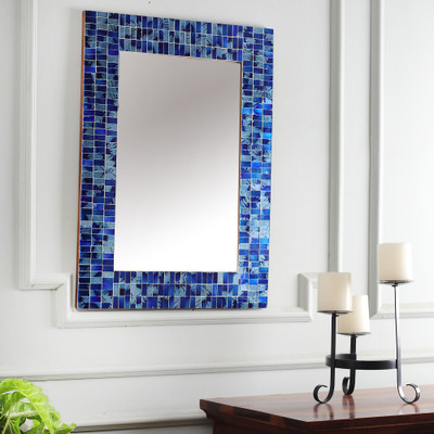 Glass mirror, 'Faces of Night' - Leafy Rectangular Mirror with Glass Mosaic in Blue Shades