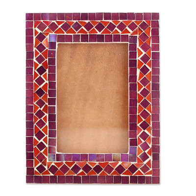 Glass photo frame, 'Amethyst Jazz' (4x6) - Diamond-Patterned 4x6 Mosaic Glass Photo Frame in Amethyst