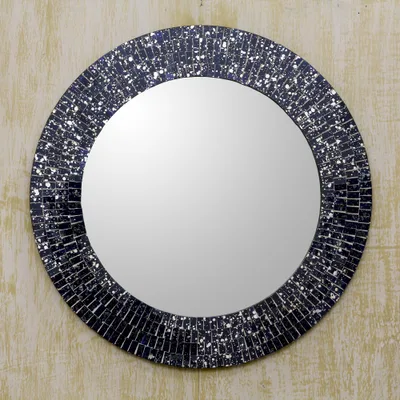 Glass mosaic wall mirror, 'Stairs to the Stars' - Star-Themed Tinted Glass Mosaic Mirror with Round Wood Frame