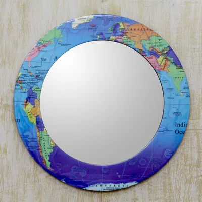 Handmade wall mirror, 'Around the Map' - Round Wood and Glass Mirror with Laminated World Map Front