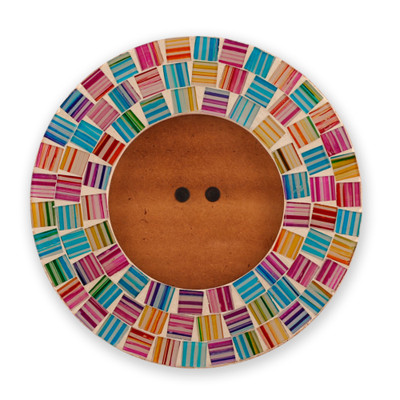 Glass mosaic photo frame, 'Rainbow Recollection' (4x4) - Handcrafted Round Glass Mosaic Photo Frame with Rainbow Hues