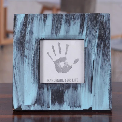 Glass photo frame, 'Memoir of Blue' (3x3) - Modern Blue and Black 3x3 Photo Frame with Distressed Finish