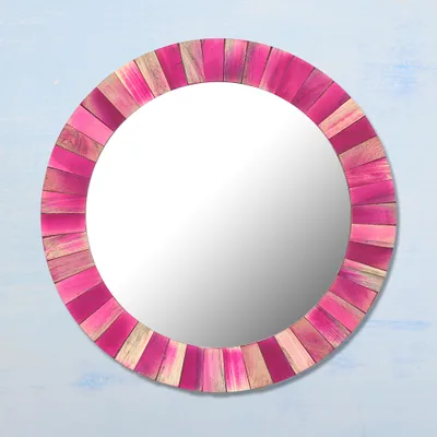 Wood mirror, 'Pink Steps' - Pink-Palette Round Mango Wood and Glass Mirror Made by Hand