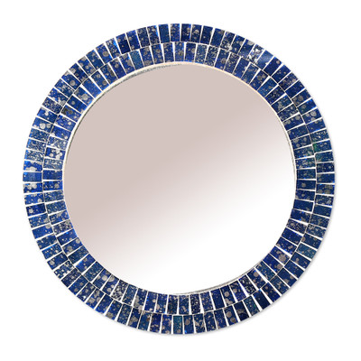 Glass mosaic wall mirror, 'Midnight Reflections' - Blue and Silver Round Handcrafted Glass Mosaic Wall Mirror