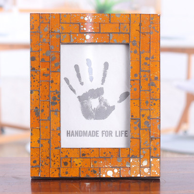 Glass mosaic photo frame, 'Warm Memorabilia' (4x6) - Wood Photo Frame with Glass Mosaic Pattern in Orange (4x6)