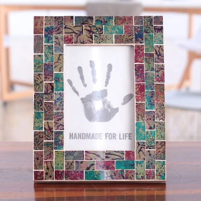 Glass mosaic photo frame, 'Colorful Memorabilia' (4x6) - Wooden Photo Frame with Colorful Glass Mosaic Pattern (4x6)