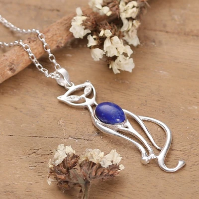 Lapis lazuli pendant necklace, 'Magical Cat' - Cat-Themed Silver Pendant Necklace with Lapis Lazuli Stone