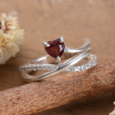 Garnet and cubic zirconia cocktail ring, 'Valentine Promise' - Crisscross Garnet Pave Cubic Zirconia Silver Cocktail Ring