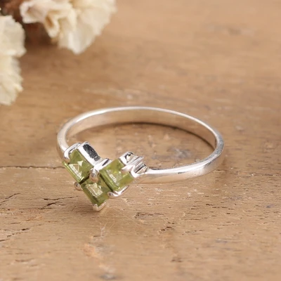 Peridot multi-stone band ring, 'Heart of Green' - Heart-Themed Silver Band Ring with Three Square Peridot Gems
