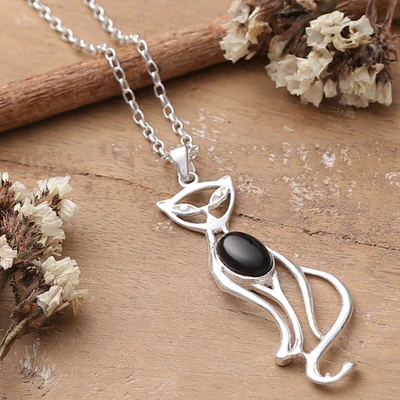 Onyx pendant necklace, 'Mystic Cat' - Whimsical Cat-Shaped Black Onyx Silver Pendant Necklace