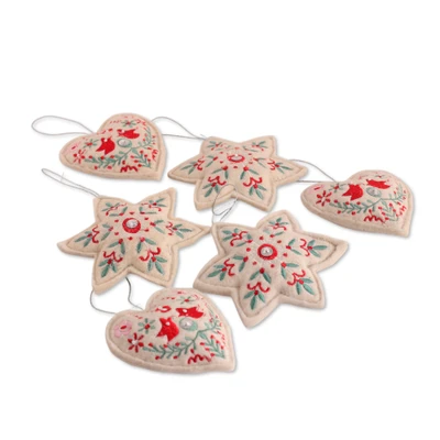 Wool felt ornaments, 'Rustic Romance' (set of 6) - 6 Embroidered Heart and Star Wool Felt Christmas Ornaments