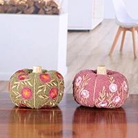 Cotton and wood decorative accents, 'Pumpkin Garden' (pair) - 3 Embroidered Cotton and Wood Halloween Pumpkin Home Accents