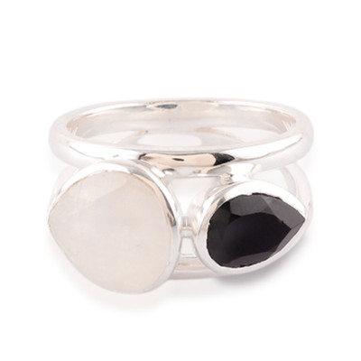 Rainbow moonstone and onyx cocktail ring, 'Glorious Unity' - High-Polished Rainbow Moonstone and Black Onyx Cocktail Ring