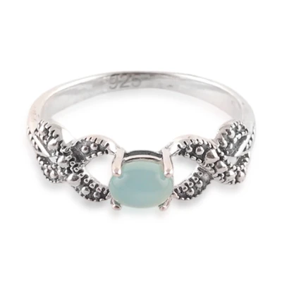 Chalcedony single stone ring, 'Gleaming Aqua' - Folk Art-Inspired Chalcedony Cabochon Single Stone Ring