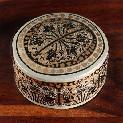 Papier mache and wood decorative box, 'Kashmir Spectacle' - Leaf-Themed Round Papier Mache and Wood Decorative Box