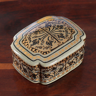Papier mache decorative box, 'Kashmir Puissance' - Kashmir-Inspired Leaf-Themed Black and Golden Decorative Box
