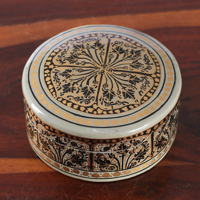 Papier mache decorative box, 'Kashmir Cycle' - Hand-Painted Papier Mache Decorative Box with Leafy Details