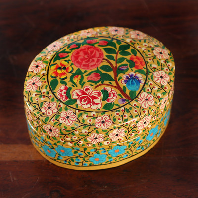 Papier mache and wood decorative box, 'The Oval Spring' (small) - Baroque-Inspired Floral Papier Mache Decorative Box (Small)