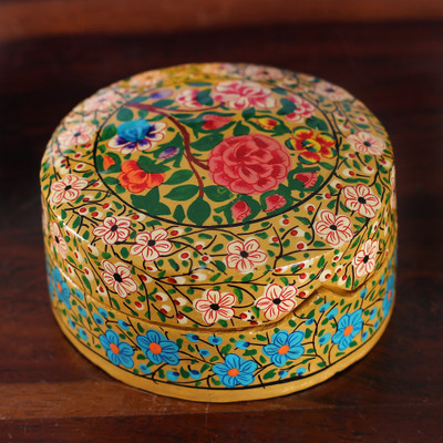 Papier mache decorative box, 'The Eternal Spring' - Baroque-Inspired Floral Round Papier Mache Decorative Box