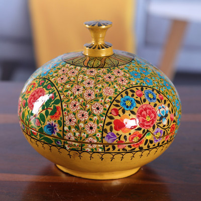 Papier mache decorative box, 'The Ancient Spring' - Spring-Themed Polished Yellow Papier Mache Decorative Box