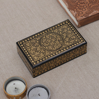 Papier mache and wood decorative box, 'Valley Splendor' - Blue Gold Papier Mache Wood Decorative Box with Floral Theme