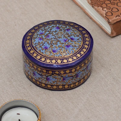 Papier mache and wood decorative box, 'Valley Whispers' - Floral Round Blue Gold-Hued Papier Mache Wood Decorative Box