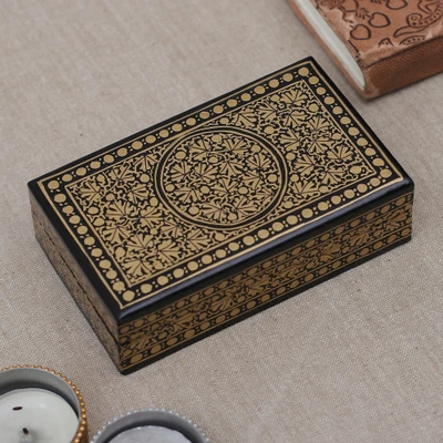 Papier mache and wood decorative box, 'Nightly Vine' - Leaf-Patterned Black Gold Papier Mache Wood Decorative Box