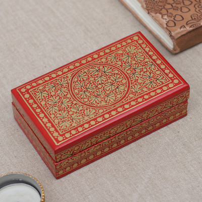 Papier mache and wood decorative box, 'Gilded Vine' - Hand-Painted Red Gold Papier Mache Wood Leaf Decorative Box