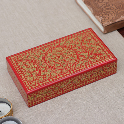 Papier mache and wood decorative box, 'Golden Vine' - Red Gold Rectangular Papier Mache Wood Leaf Decorative Box