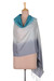 Wool shawl, 'Caribbean Gala' - Striped Wool Fringed Shawl in Caribbean Blue and Grey Hues