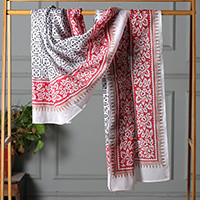 Cotton sarong, 'Enchanting Geometry' - Geometric Vine-Patterned Hand-Block Printed Cotton Sarong