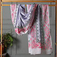 Cotton sarong, 'Gorgeous Garden' - Hand-Block Printed Cotton Sarong with Floral and Leaf Theme